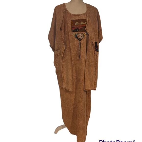 Vintage Elisa boho Western hand painted Long Cotton dress Natural - Picture 9 of 15